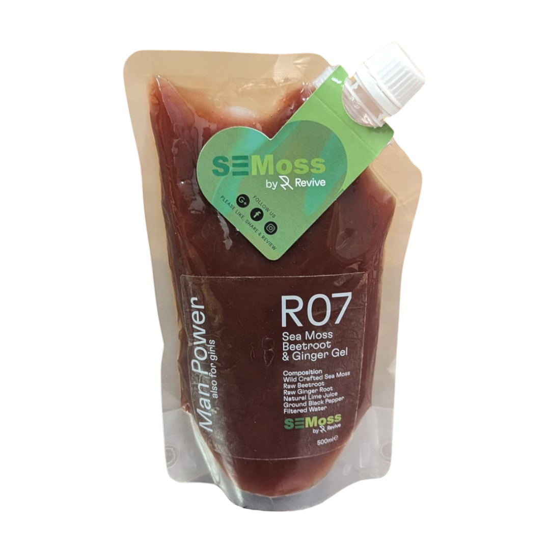 A 500ml pouch of Revive Man Power Semoss Gel, a sea moss, beetroot and ginger health gel.