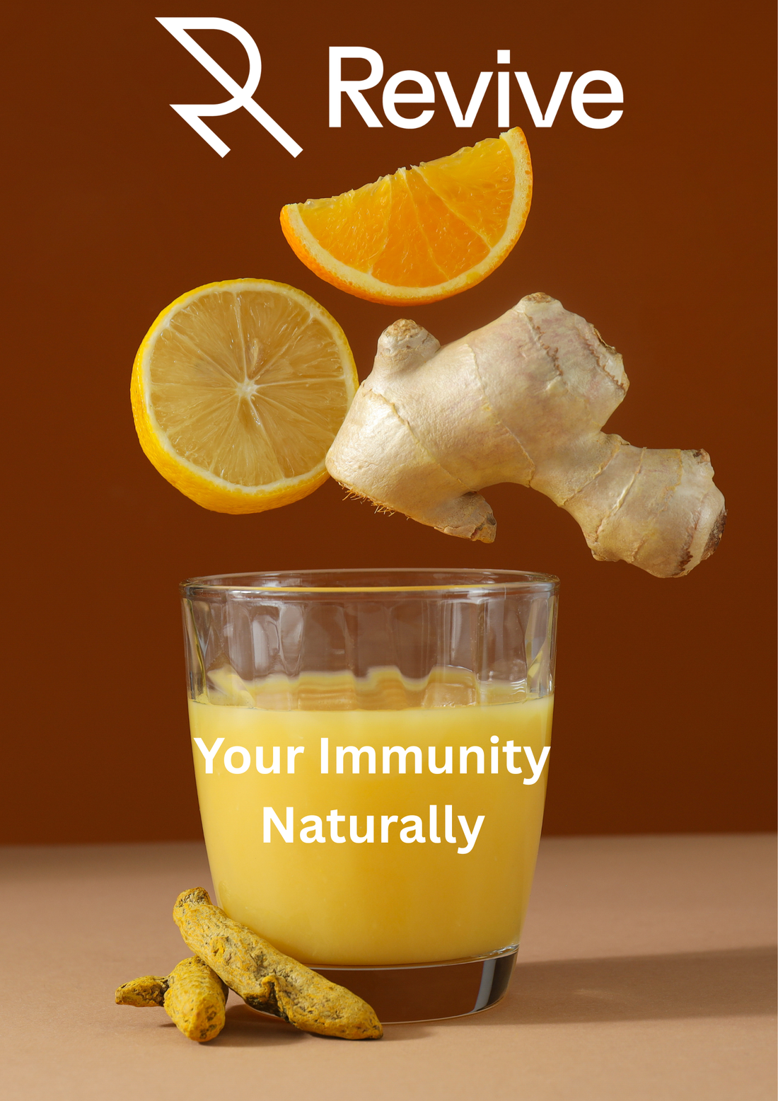 Glass of Revive turmeric and ginger juice with lemon, orange and fresh ginger for natural immunity support.