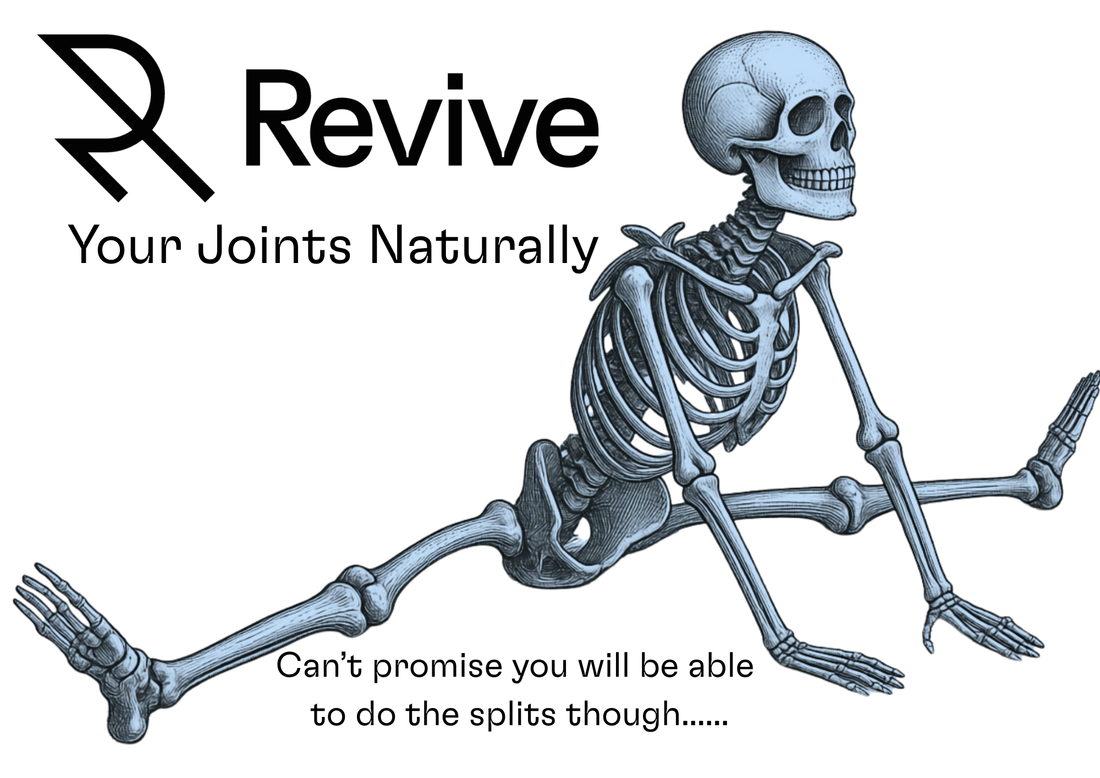 Picture of a skeleton doing the splits, Revive Mind Body Logo