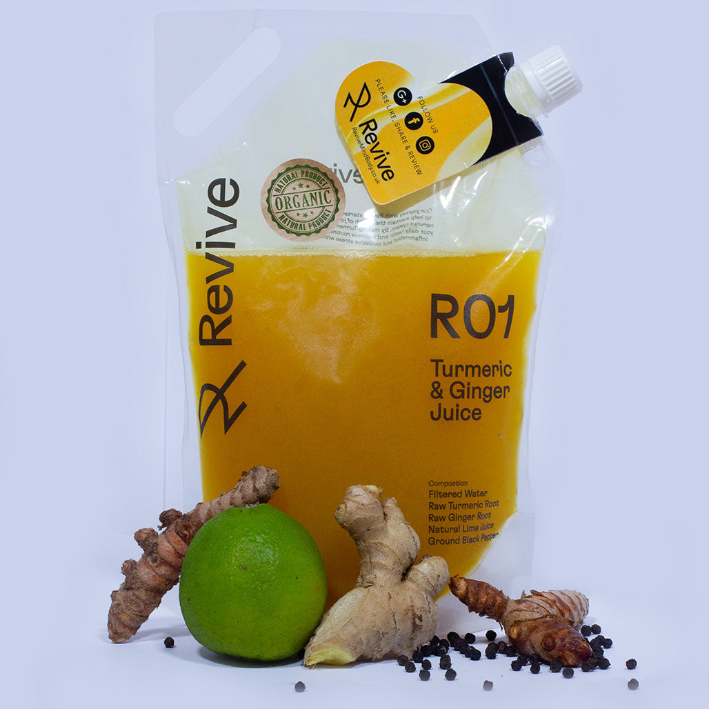 Revive Turmeric & Ginger Juice pouch with fresh turmeric, ginger, lime and black pepper ingredients.